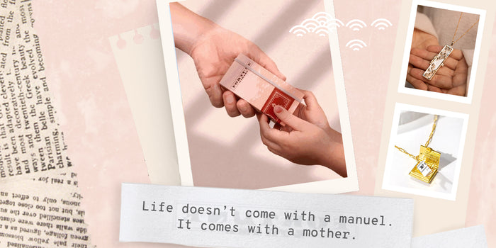 A mother and Childs hands reading for our signature gift packaging. Shown with a fortune that reads